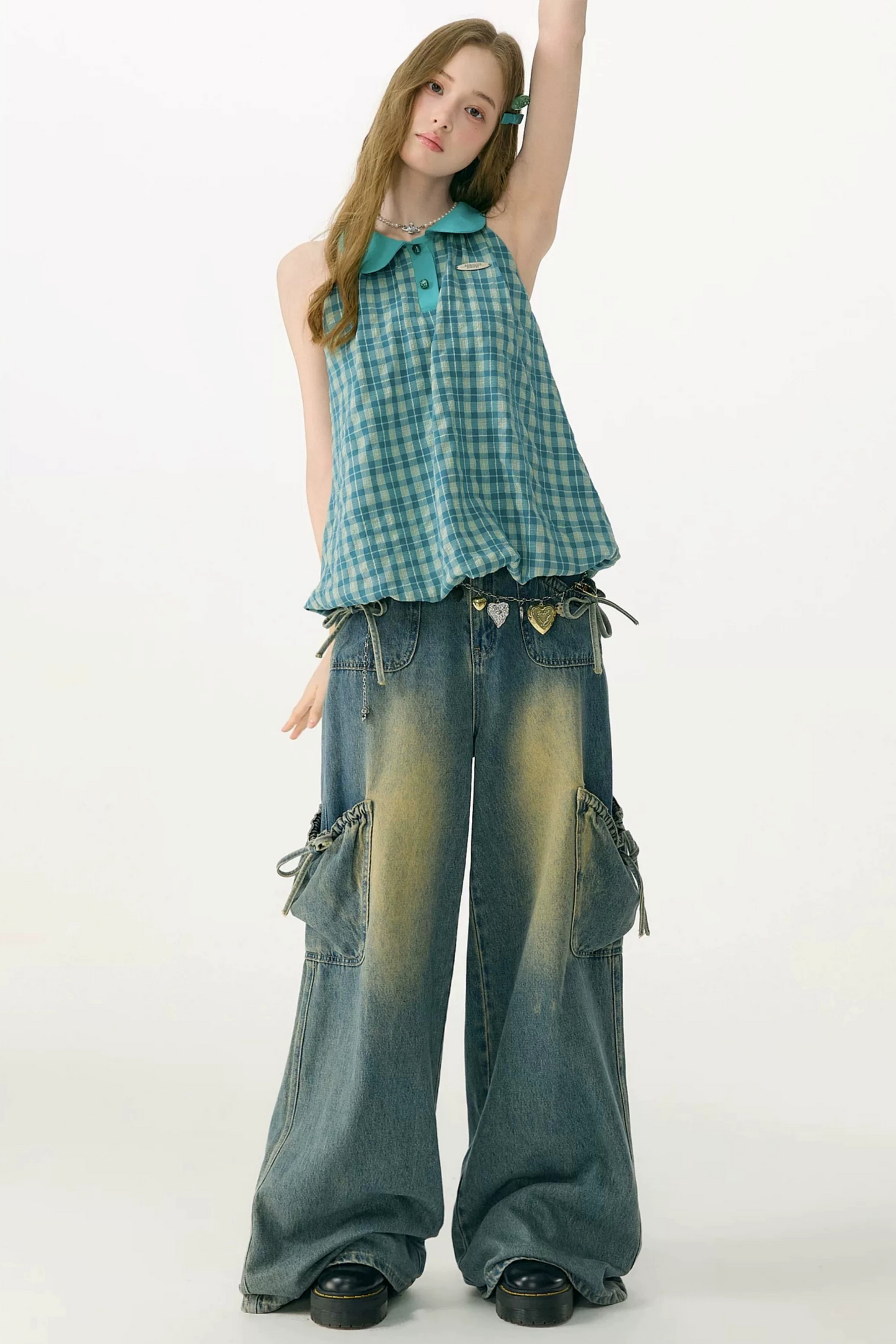 Blue Green Plaid Ruffled Halter Top