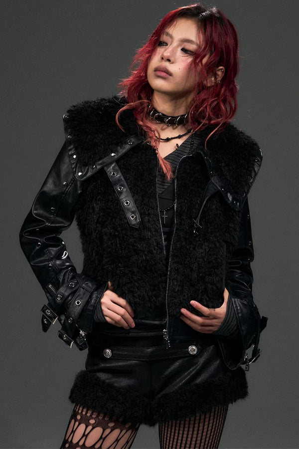 Dark Punk Studded Fur Jacket