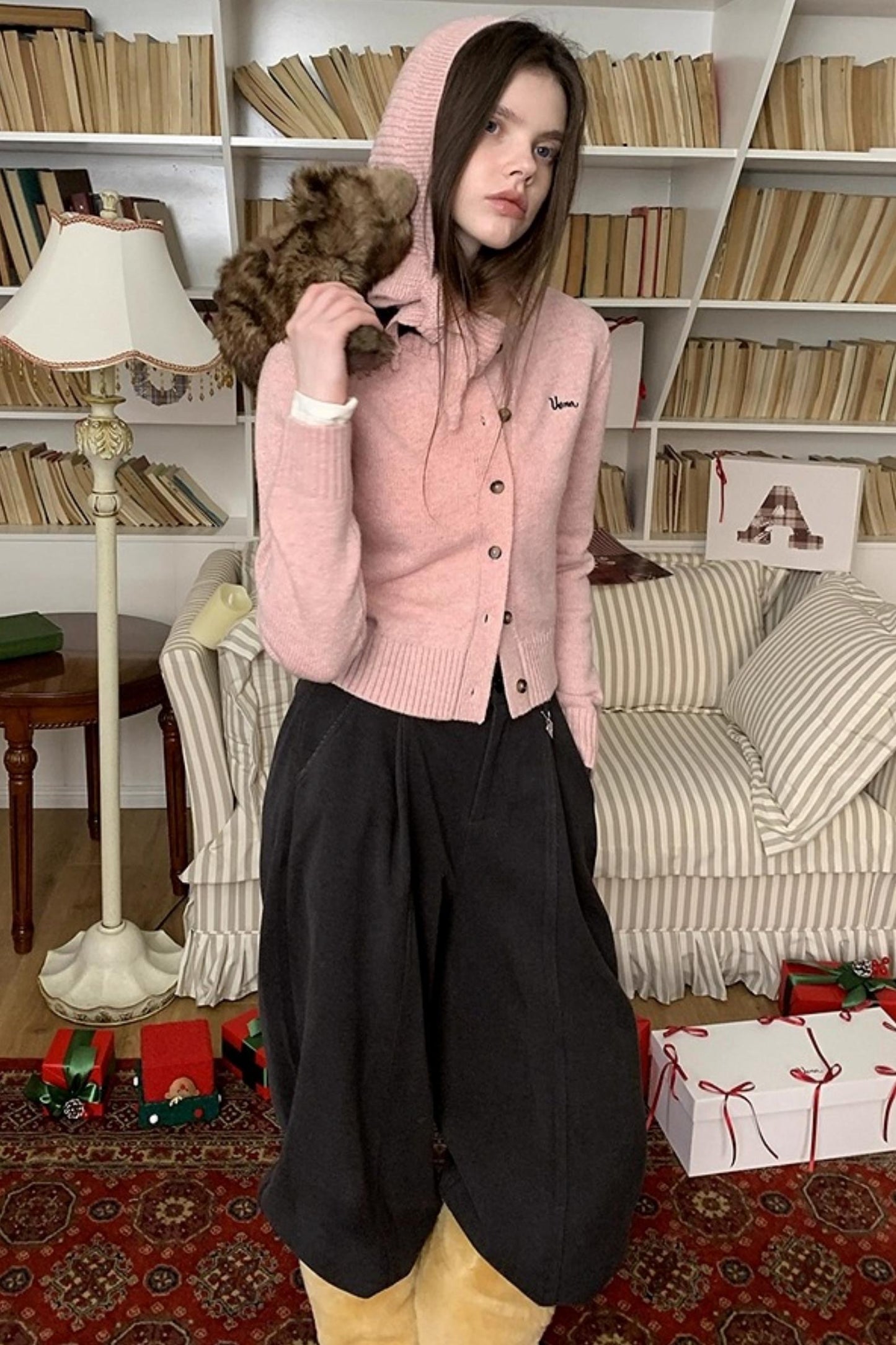 Pink Wool Hooded Cardigan