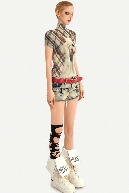 Cat Print Pleated Top