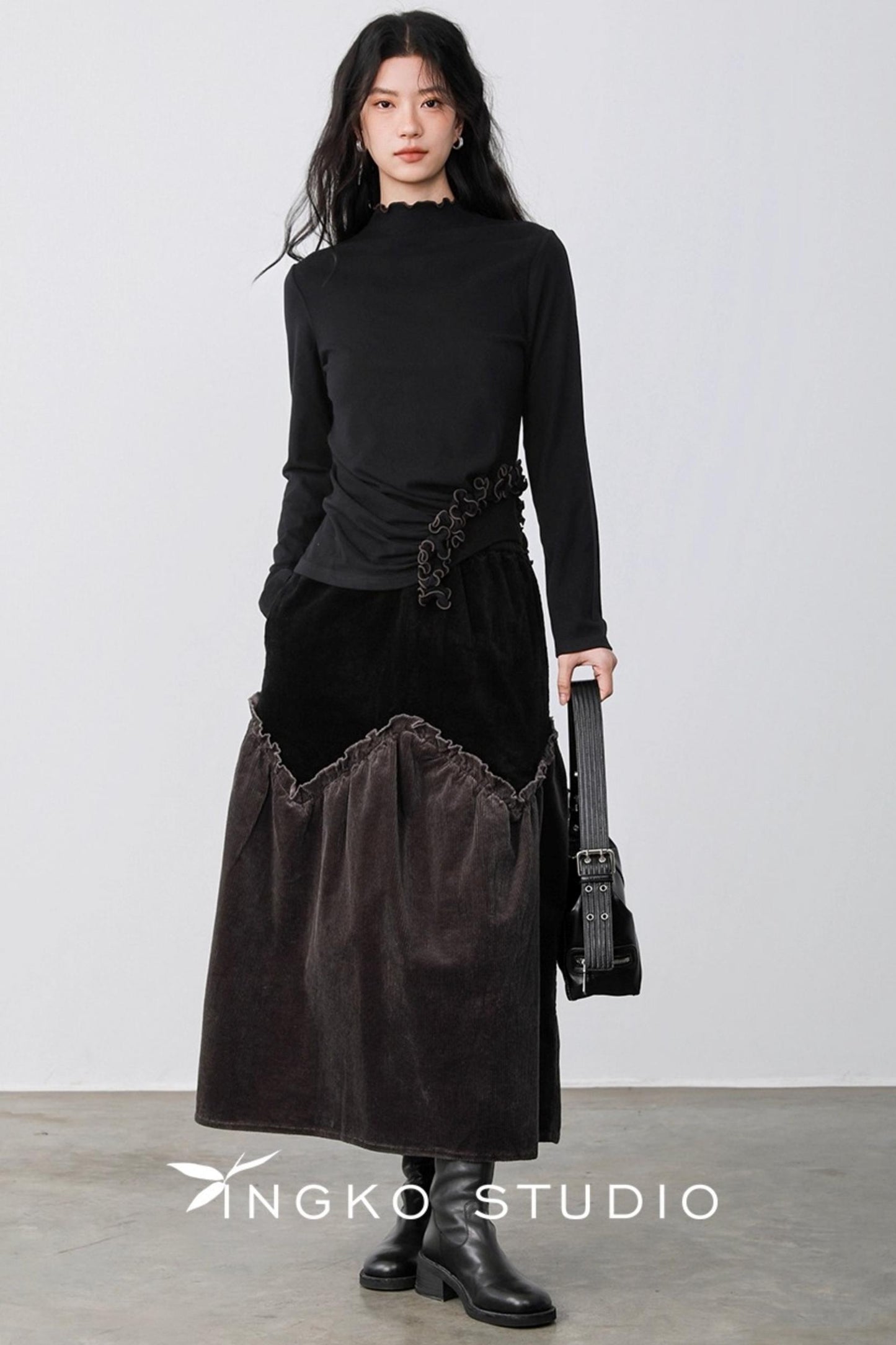 Gray Coffee Spliced Corduroy Skirt