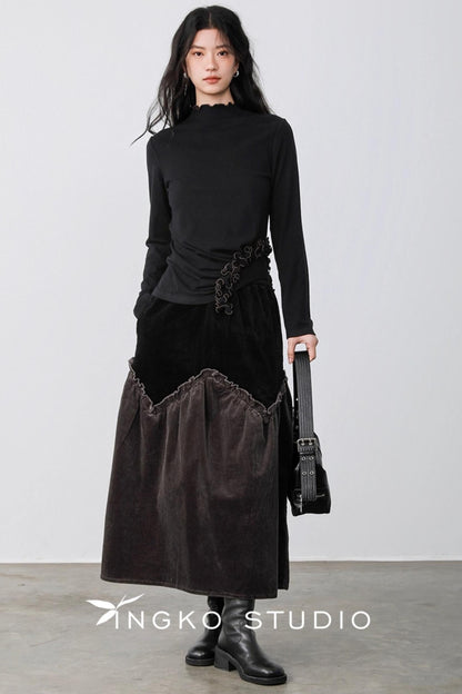 Gray Coffee Spliced Corduroy Skirt