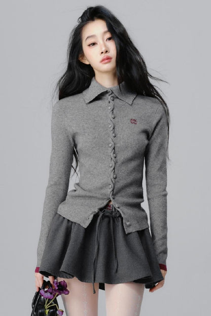 Gray Polo Neck Knitted Cardigan