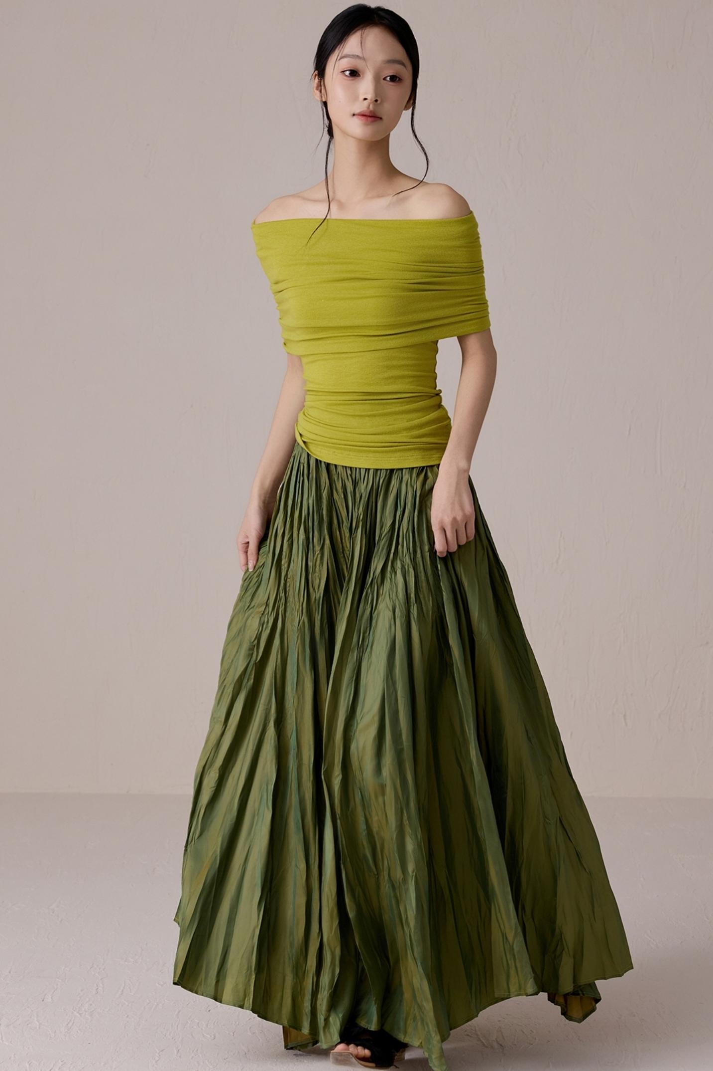 Green One-Shoulder Knit Top