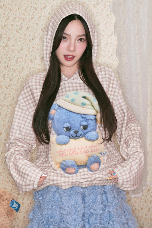 Maroon Plaid Bear Hooded Sweatshirt