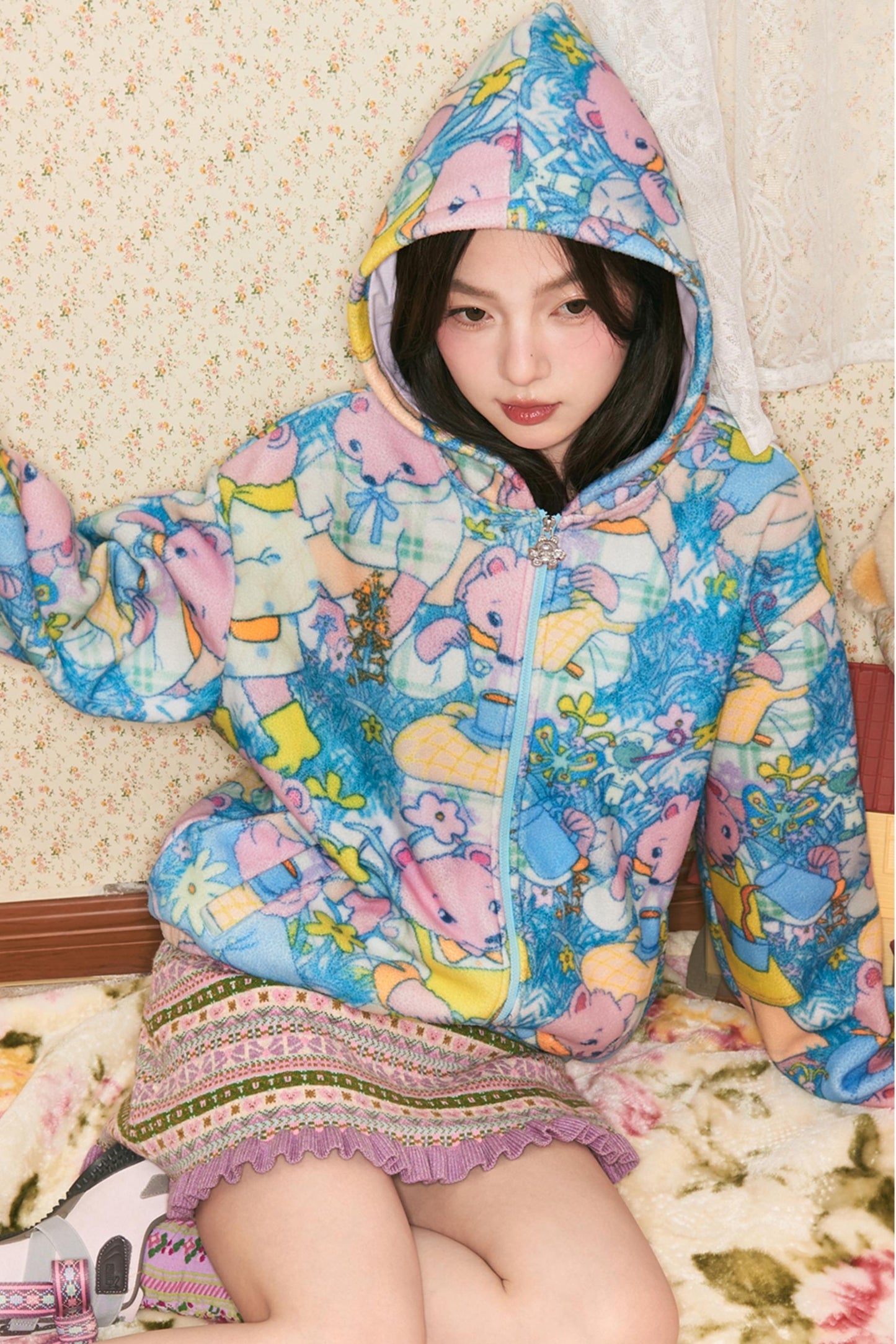 Blue Green Bear Print Hooded Jacket