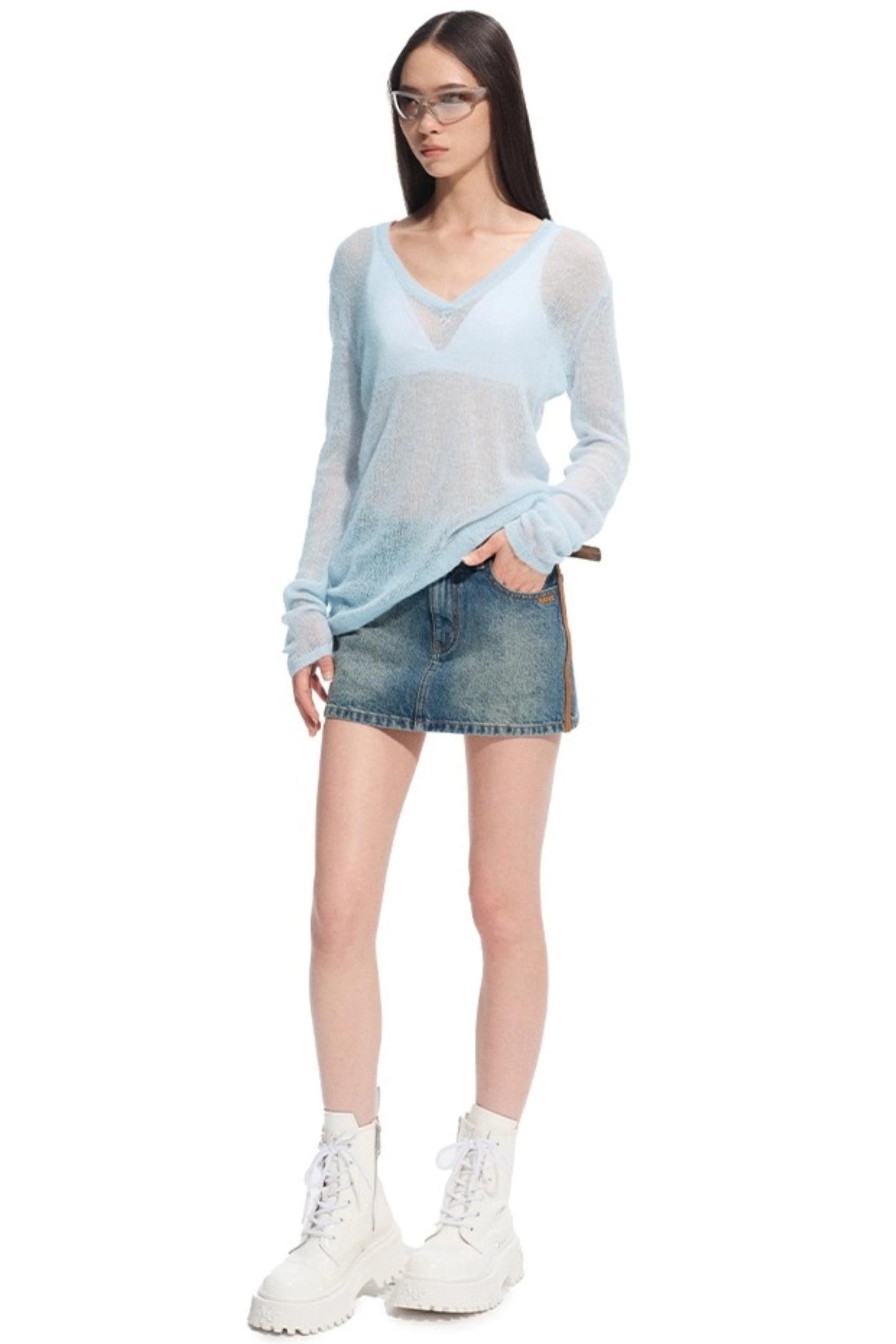 Alpaca Knit Layered V-Neck Long Sleeve Top