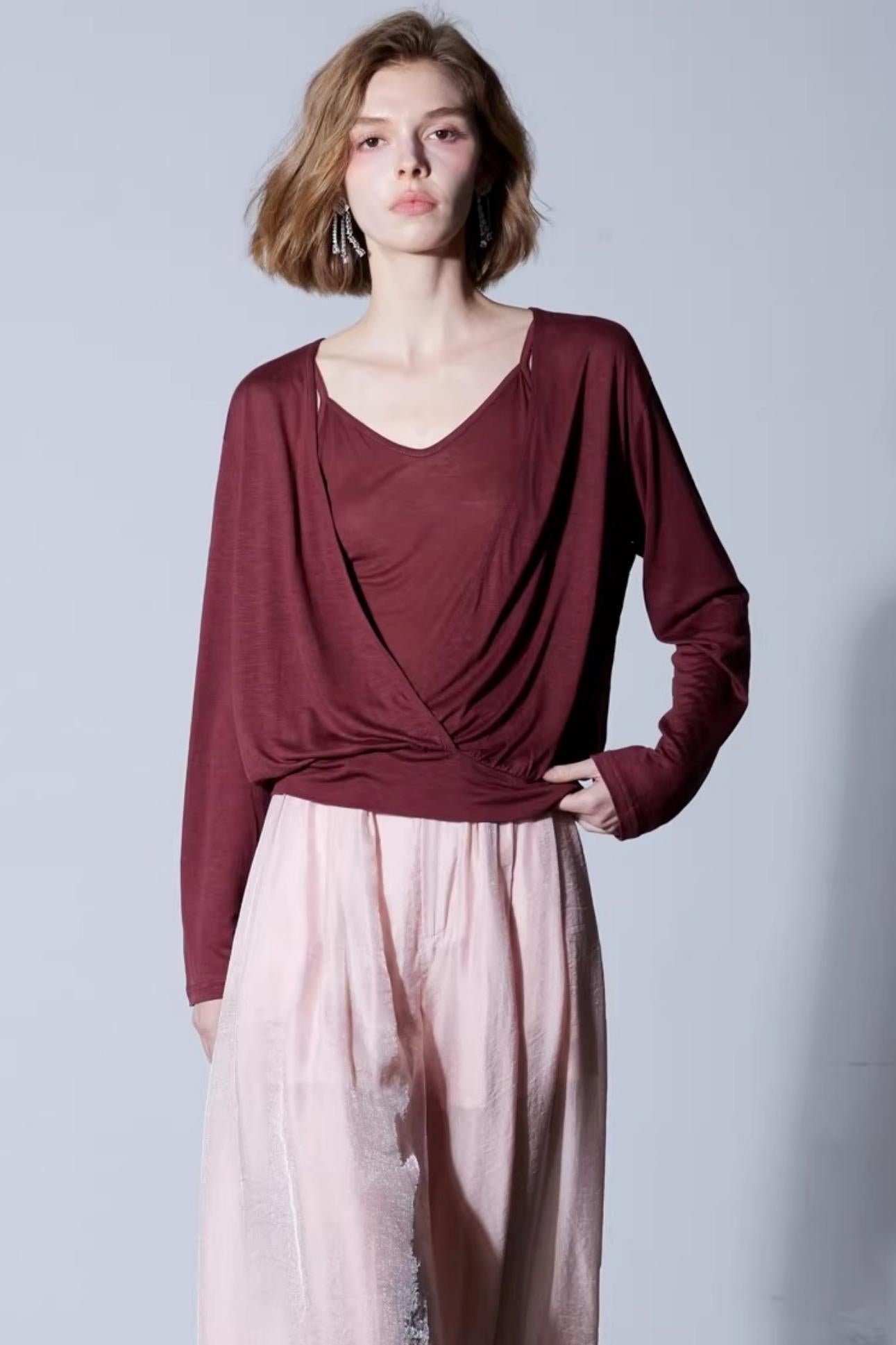 Silk Linen Crossover Blouse Set