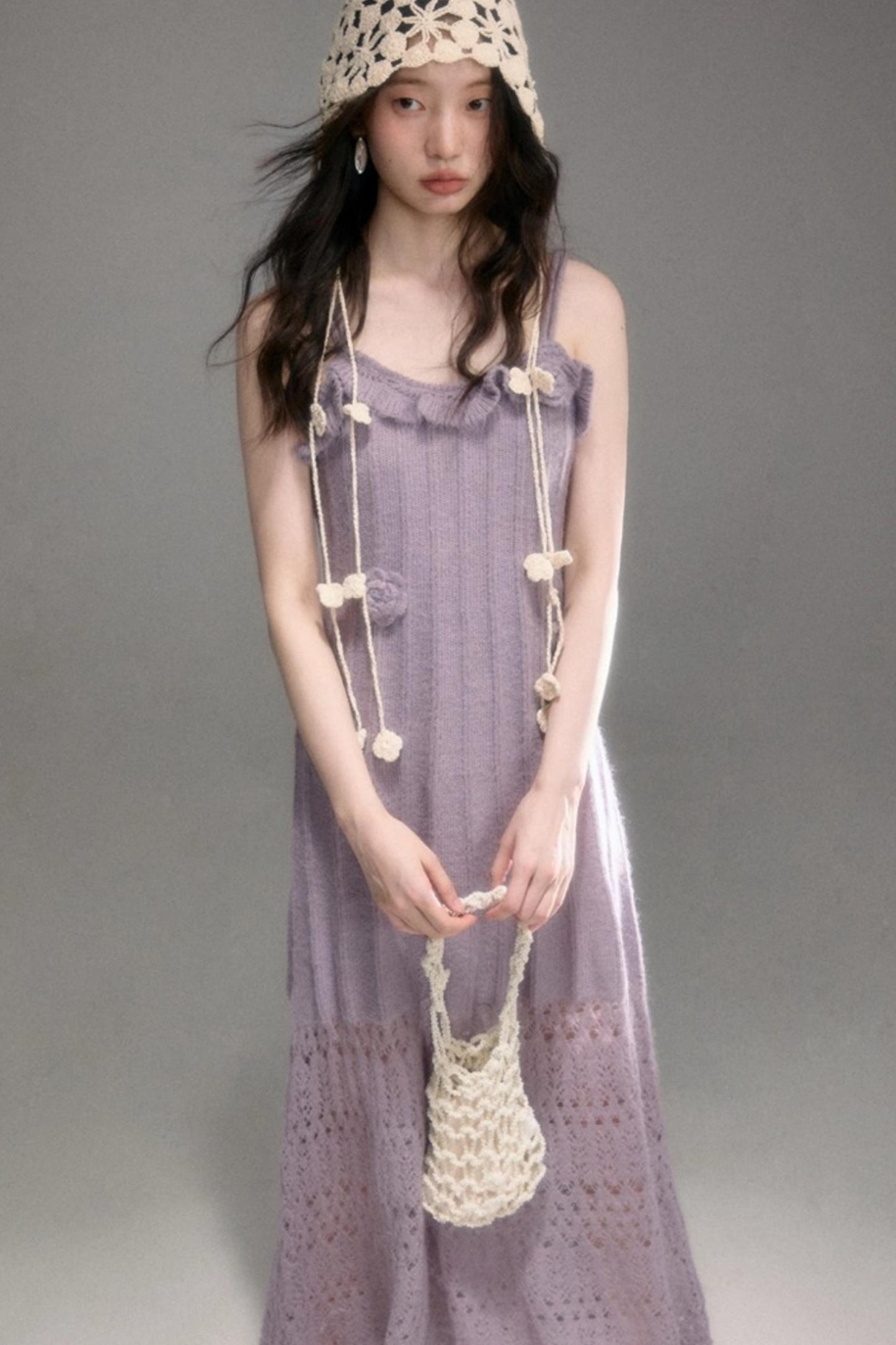 Crochet Knit Camisole Dress Cardigan Set-Up