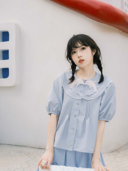 Dolphin Embroidery Collar Short Sleeve Shirt