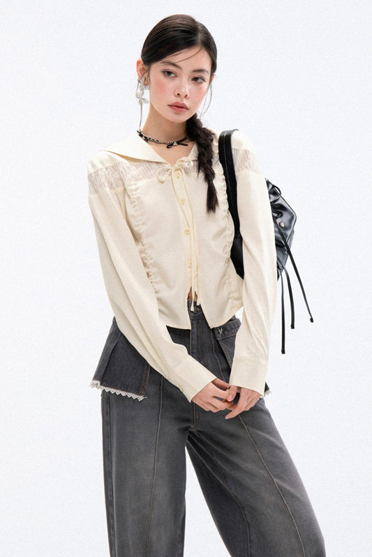 Apricot Yellow Lace Panelled Shirt