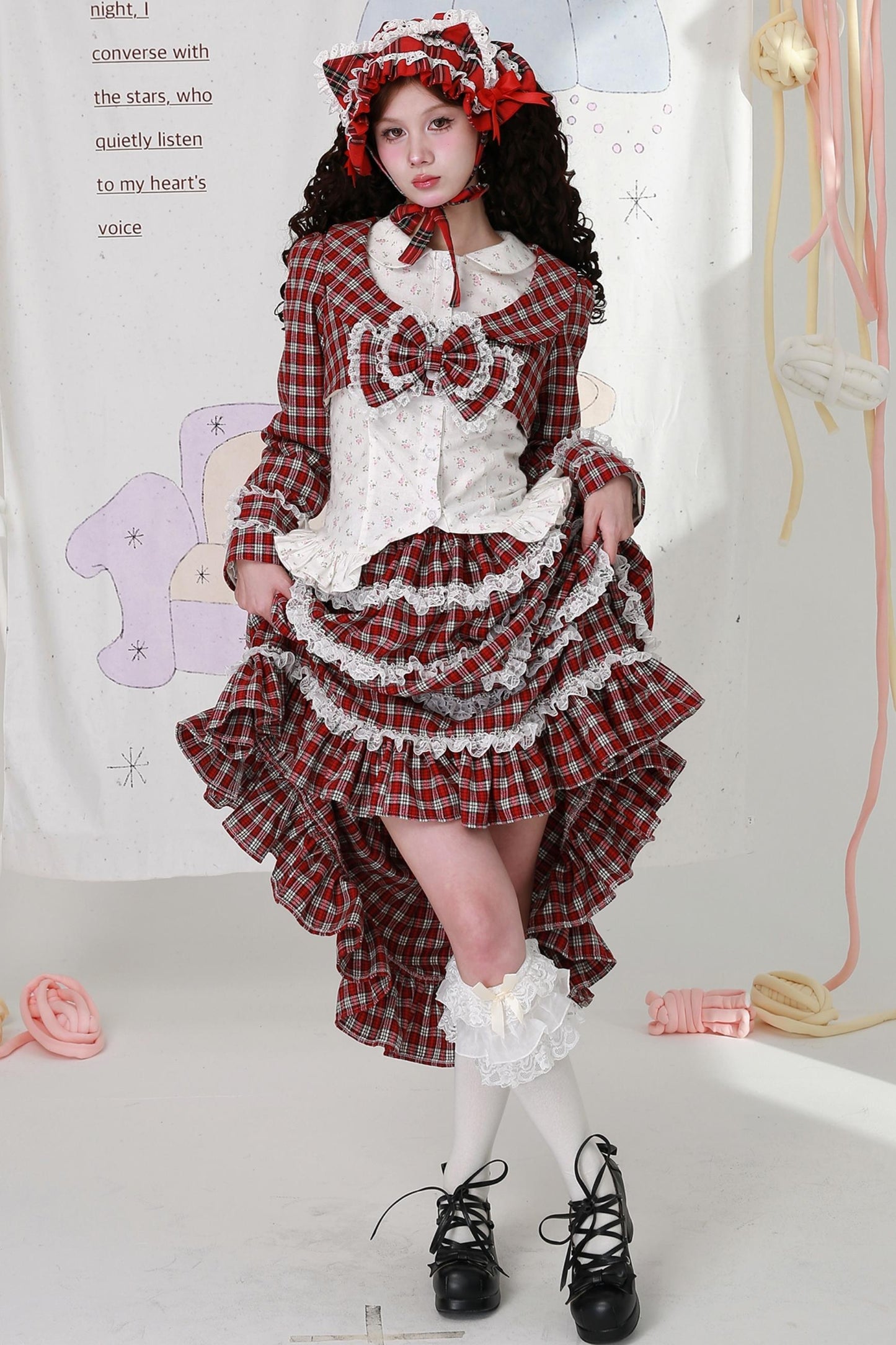 Christmas Red Checkered Bow Short Jacket