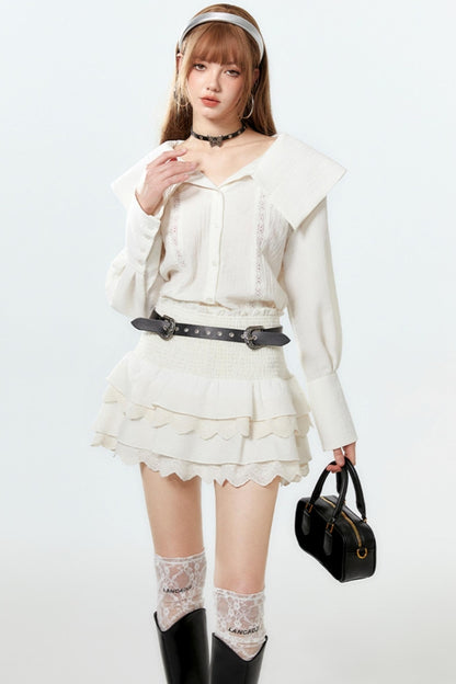 Sheer Lace Big-Collar Mint Blouse