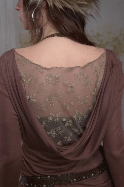 Spliced Long Sleeve Swing Collar T-Shirt