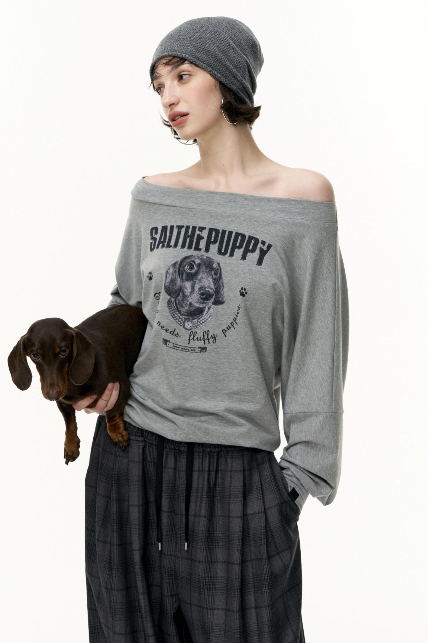 Puppy Print Slanted Shoulder T-Shirt