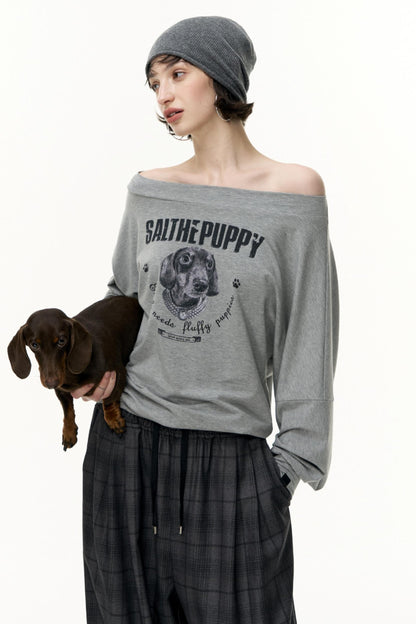 Puppy Print Slanted Shoulder T-Shirt