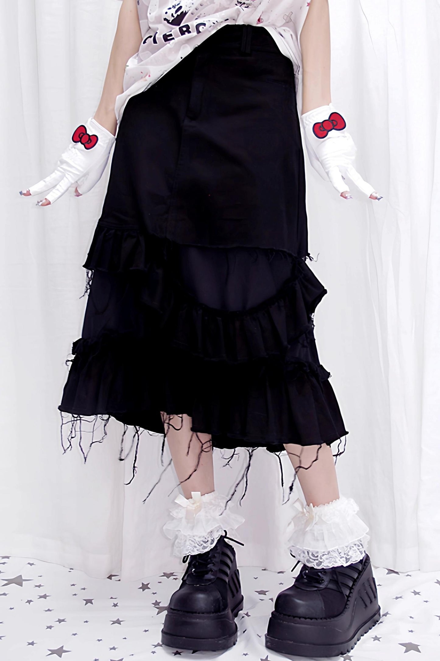 Tattered Black Denim Skirt