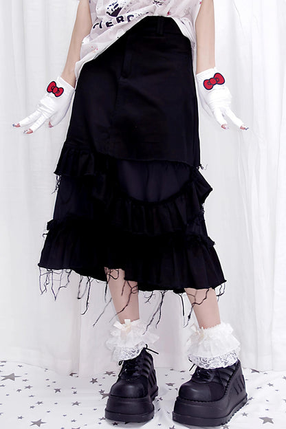 Tattered Black Denim Skirt