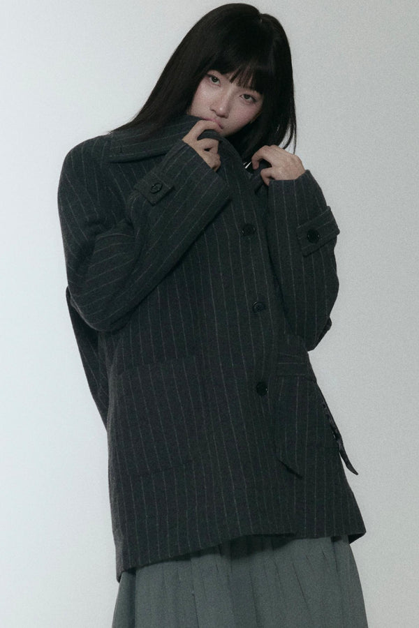 Vintage Grey Striped Wool Tweed Jacket