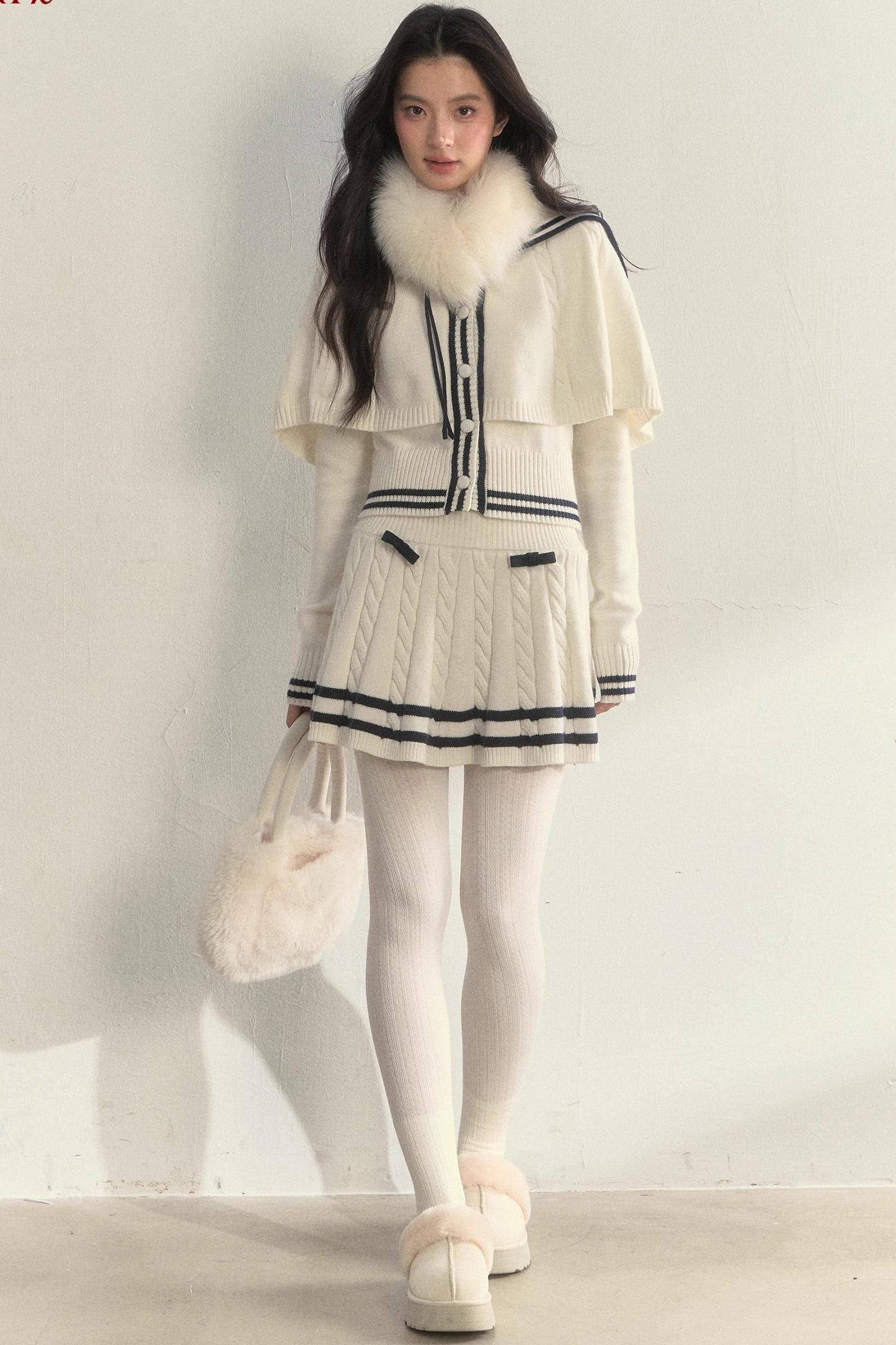 Vintage Navy Twist-Knit Cape Sweater Set-Up