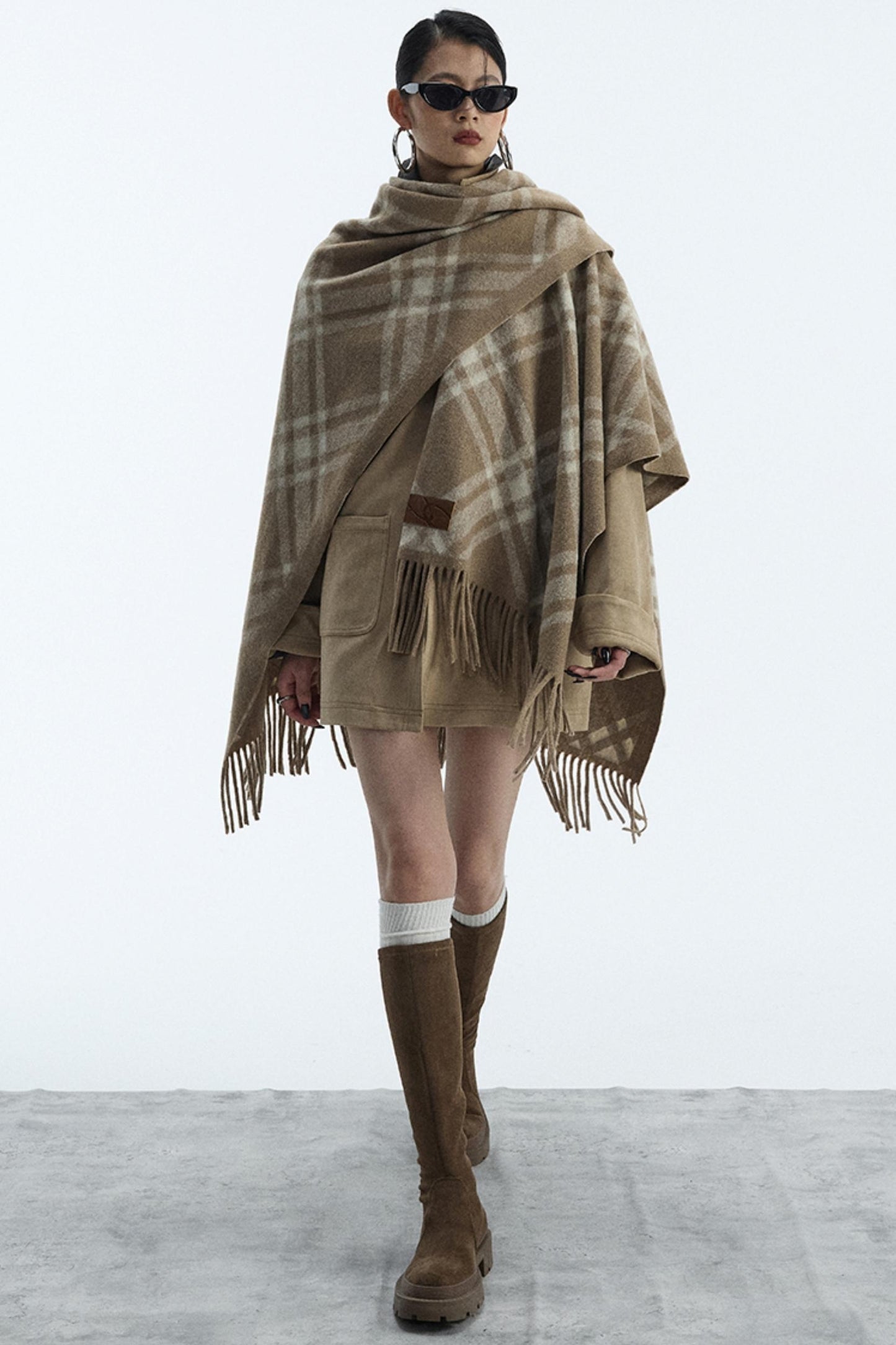 Wool Blend Plaid Cape Cardigan