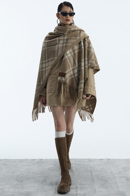 Wool Blend Plaid Cape Cardigan