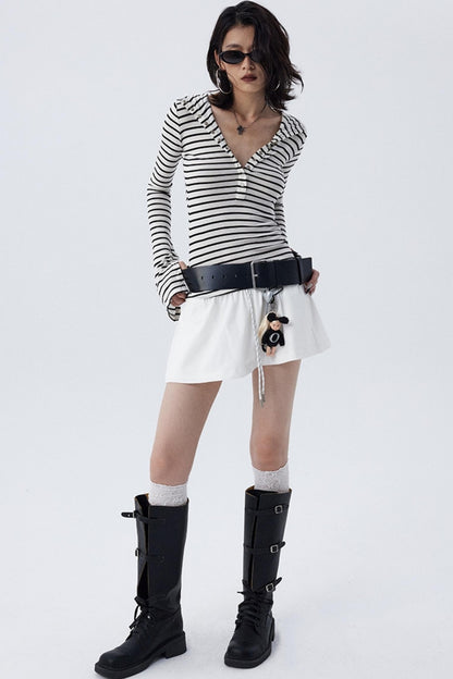 Tie-Waist Striped Short Skirt