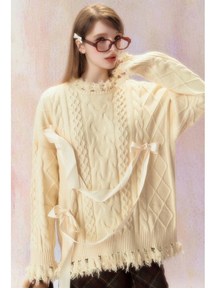 College Style Ribbon Jacquard Sweater