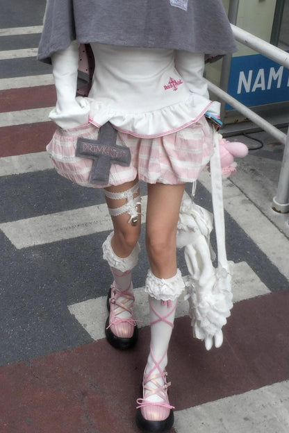 Striped Embroidered Bud Pumpkin Skirt