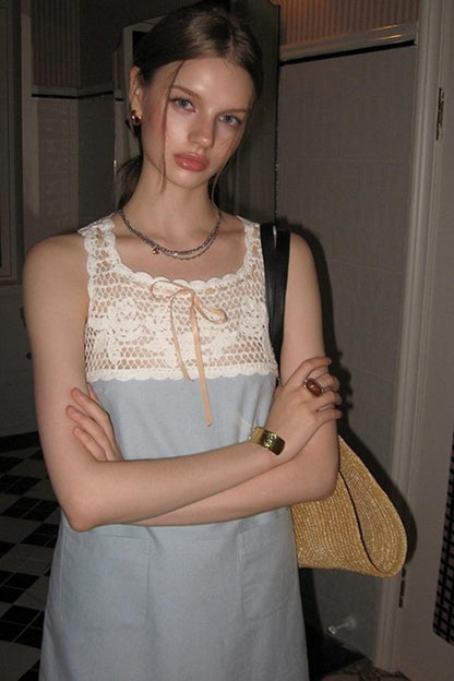 Blue Crochet Square Neck Dress