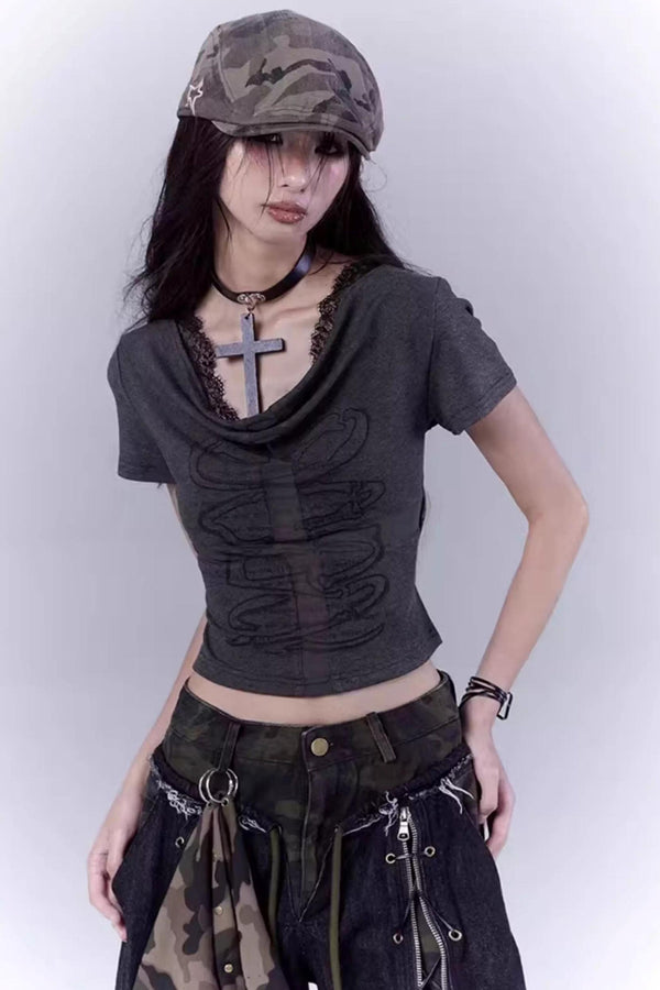 Gray Lace Cross Tee