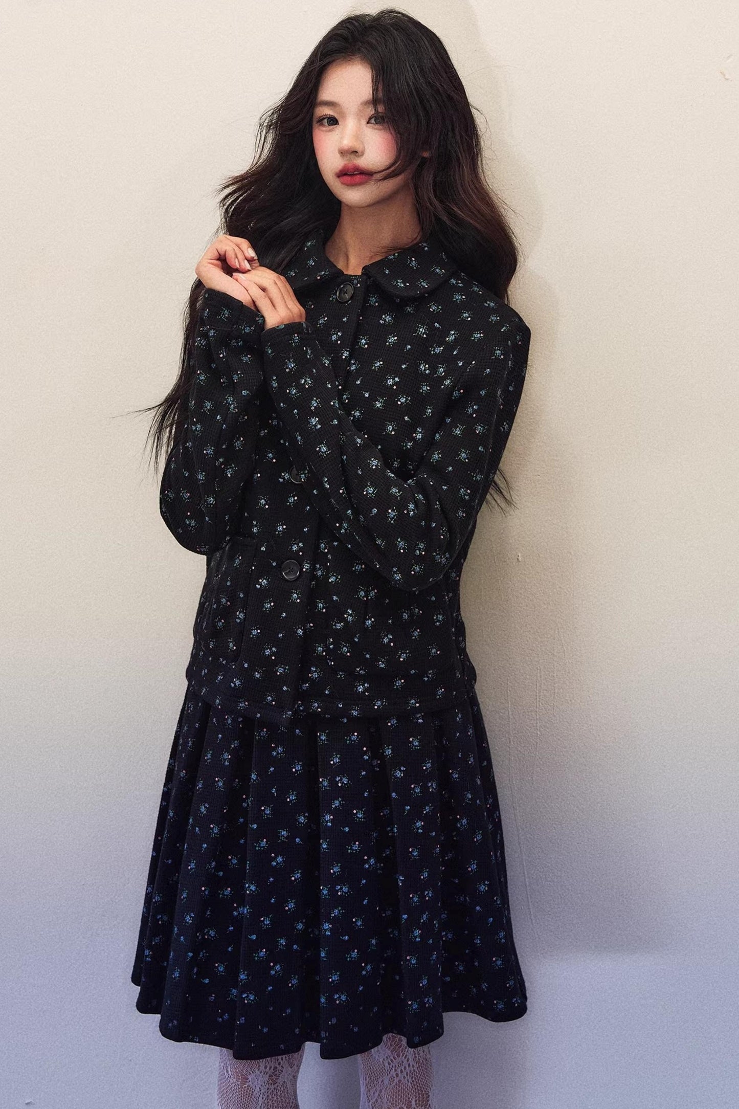 Black Floral Waffle Jacket Suit Set-Up