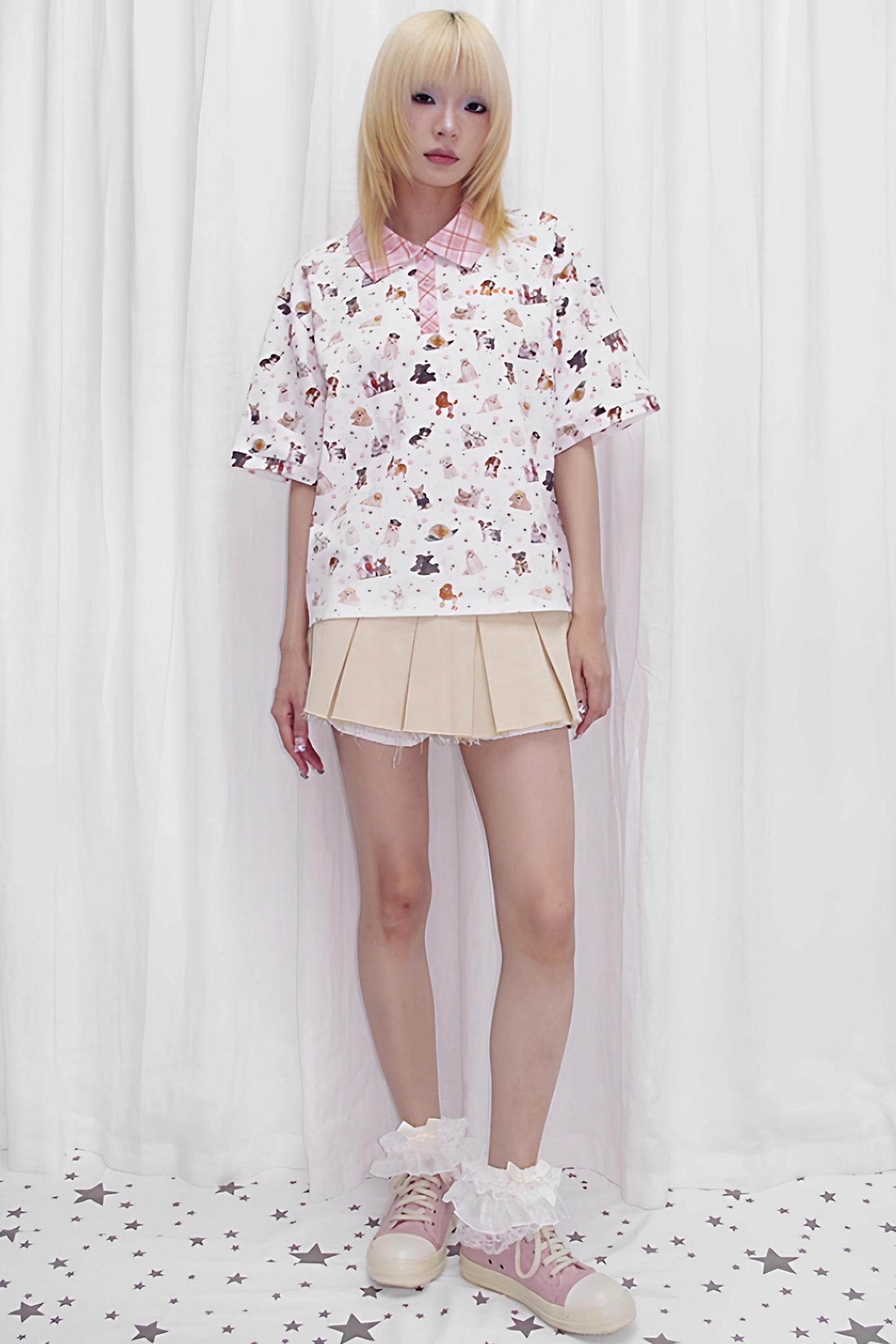 Dog Print Loose Fit Polo Shirt