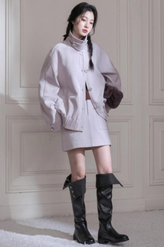 Velvet Purple Stand-Up Collar Jacket Set-Up