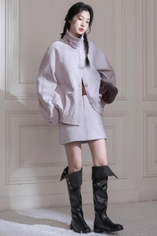 Velvet Purple Stand-Up Collar Jacket Set-Up