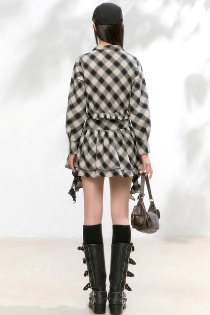 Plaid Diagonal Cut Long-Sleeved Shirt Dress