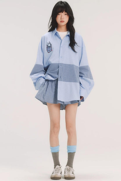 Blue Check Stitch Applique Shirt