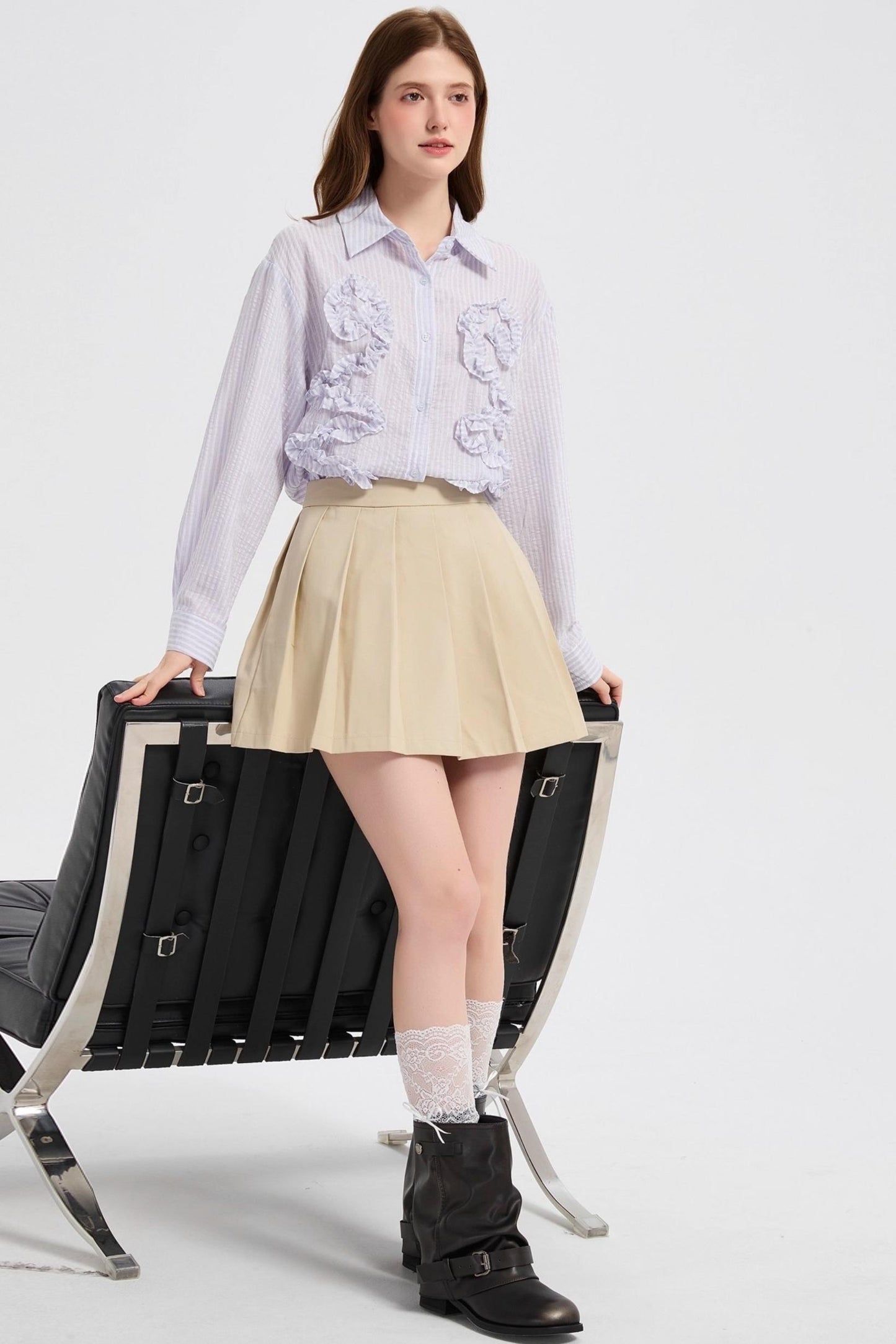 Autumn Floral Striped Ruffle Shirt