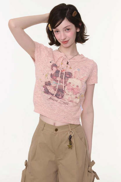 Retro Pink Bear and Rabbit Top