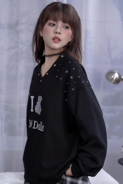 V-Neck Star Plaid Bear Sweatshirt