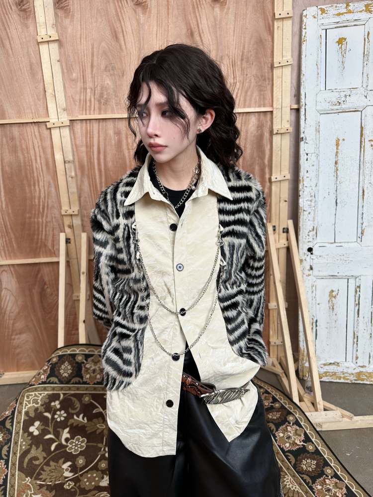 Stripe Metal Chain Loose Docking Shirt Jacket