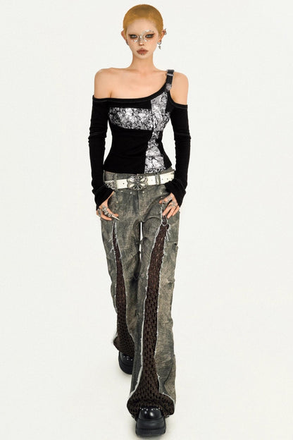 Black Flocked Sleeve Slim Top