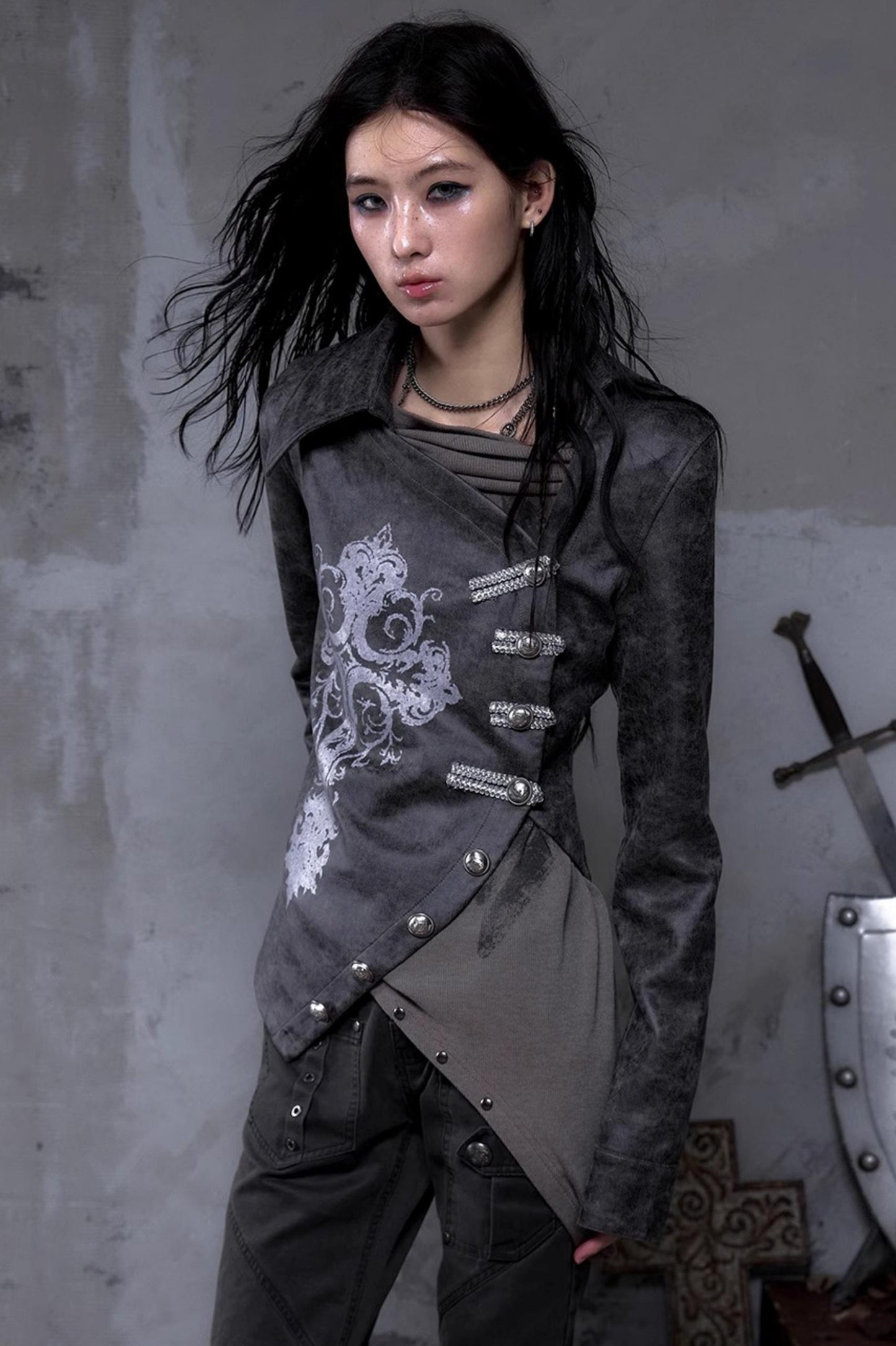 Vintage Slanted Placket Printed Leather Shirt