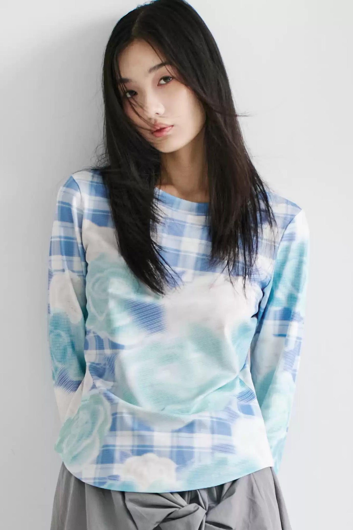 Blue Plaid Flared Sleeve Top