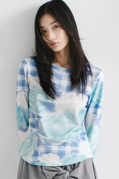 Blue Plaid Flared Sleeve Top