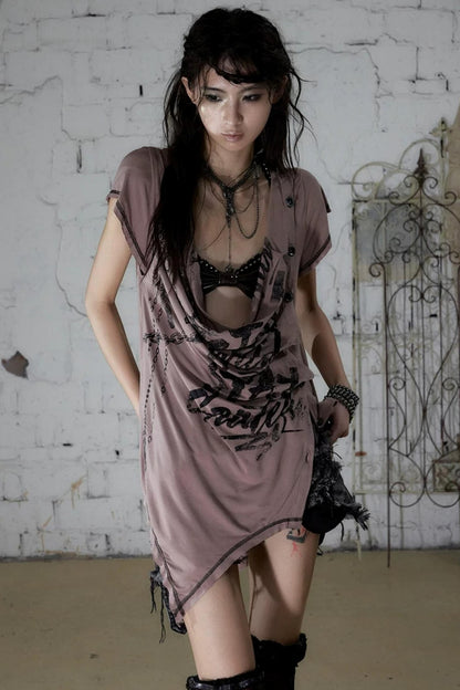 Punk Asymmetrical Neckline T-Shirt Set-Up