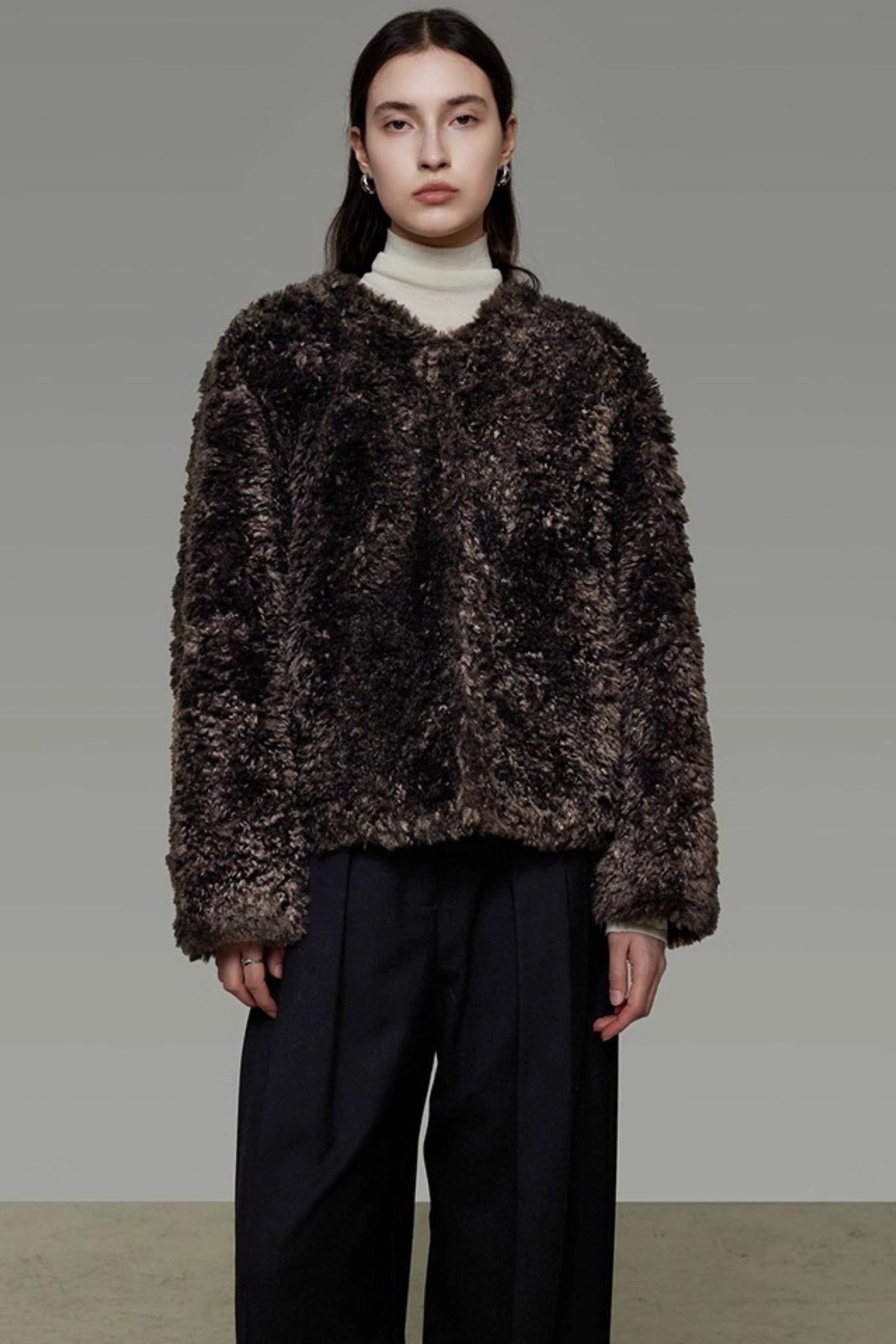 Collarless Lamb Wool Coat