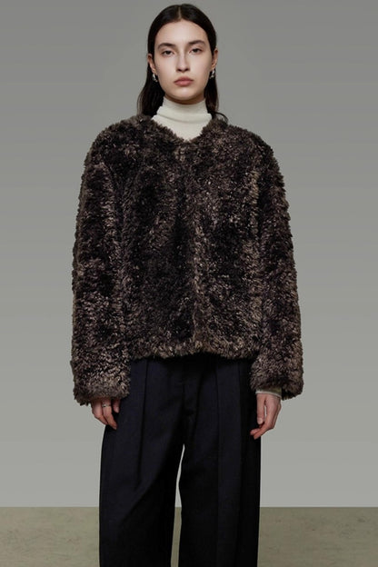 Collarless Lamb Wool Coat