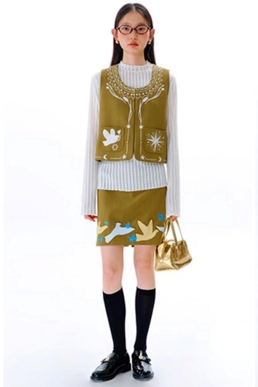 Bright Star Vintage Bird Embroidery Wool Jacket Set-Up