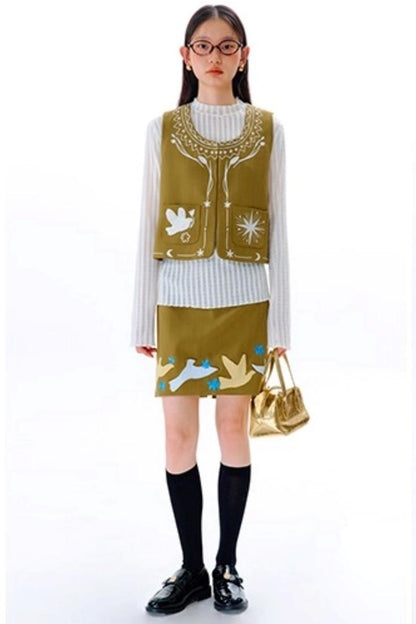 Bright Star Vintage Bird Embroidery Wool Jacket Set-Up